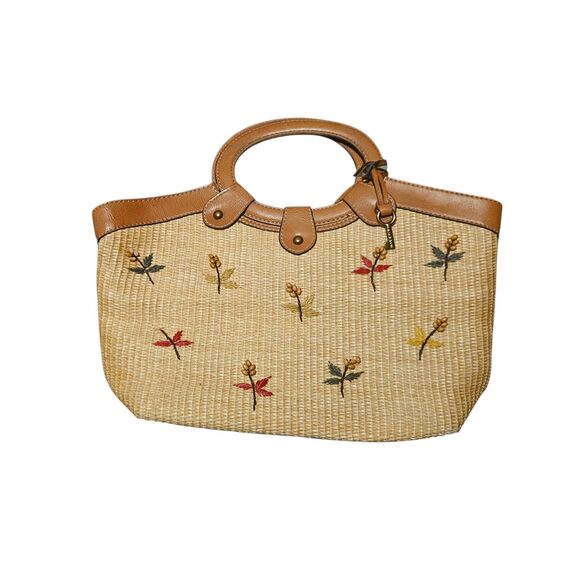 Vtg Fossil Purse Beige Straw Woven Bag Handbag Wooden Handle Boho Floral Beaded - Picture 1 of 13